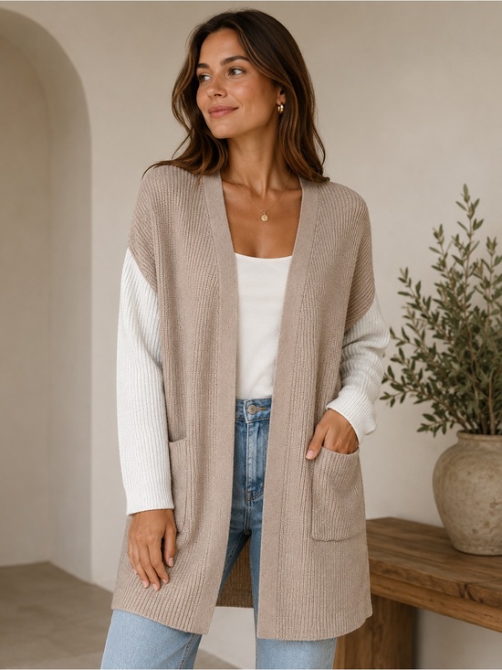 Impressions Sweaters - Impressions Beige Knit Open Front Cardigan Sweater Oversized Cozy size S/M